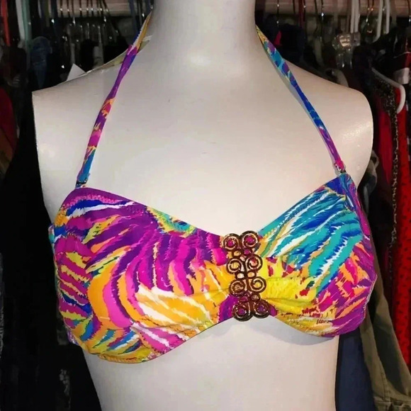 Trina Turk Tropical Bikini Top Swimwear Swimsuit Halter Neck Tie Back 6 or S M - Picture 1 of 6